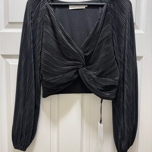 NWT Astr Black Pleated Twist-Front Cropped Blouse